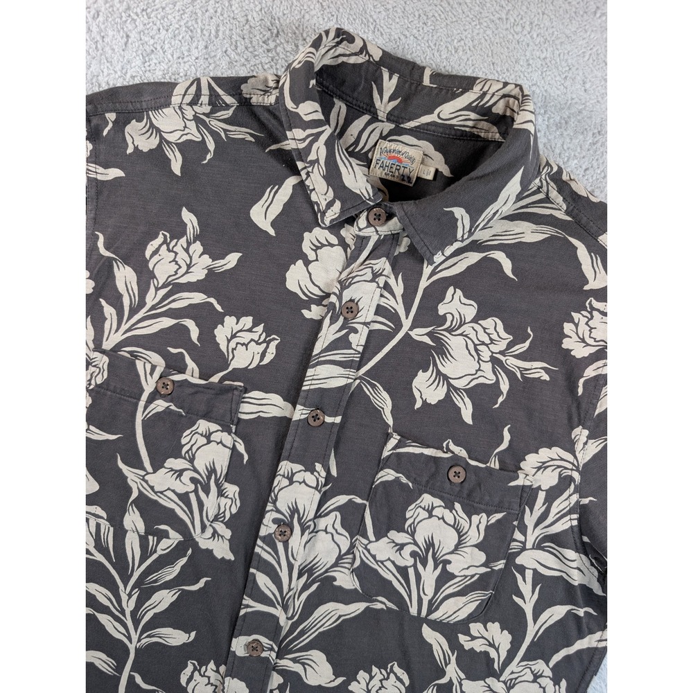 Faherty Mens Large Organic Cotton Floral Short Sleeve Button Down Shirt Charcoal
